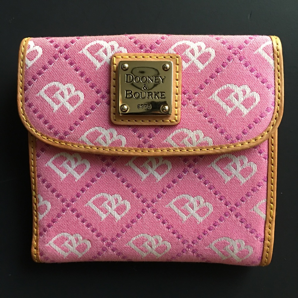 Dooney & Bourke Flap Wallet Pink White Monogram Fabric Leather Trim 6 Slot Snap